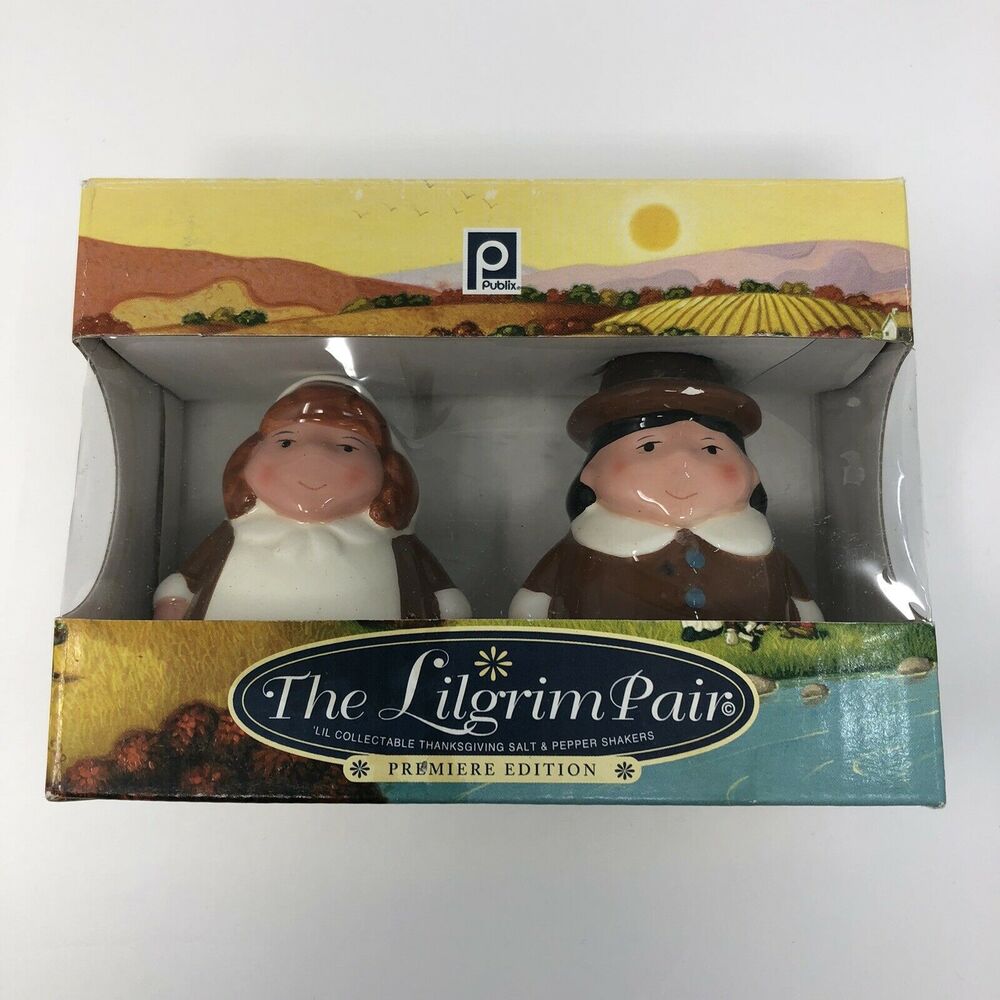 Publix Salt & Pepper Shakers 2004 Thanksgiving The Lilgrim Pair Pilgrims Brown
